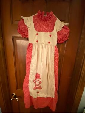 Size Toddler 3-4 Vintage Red and Cream Dress with Faux Pinafore and Doll Design
